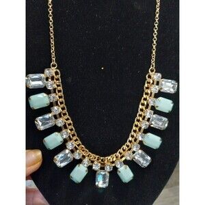 New York & Company Fashion Necklace. Teal & Clear Crystal Bib 10in Chain.
